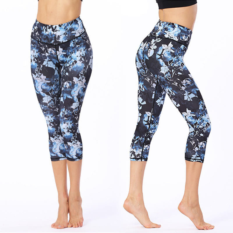 Leaves Butterfly Print Sports Yoga Cropped Leggings Women's Yoga Capri Pants