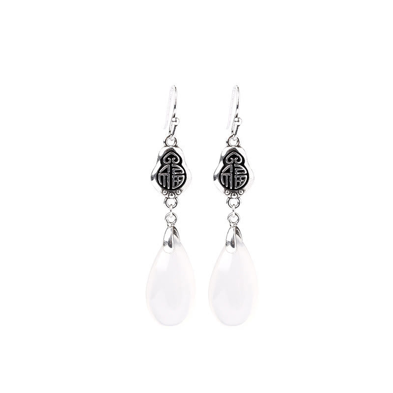 925 Sterling Silver Posts Natural Chalcedony Fu Character Positive Harmony Earrings
