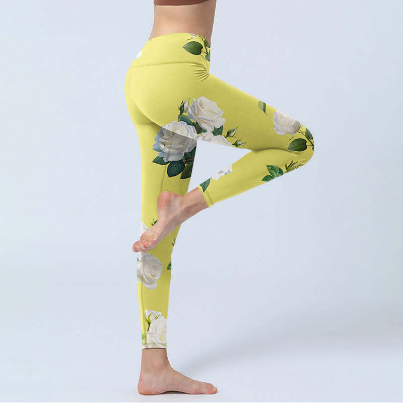 Yellow White Rose Print Sports Leggings Women's Yoga Pants