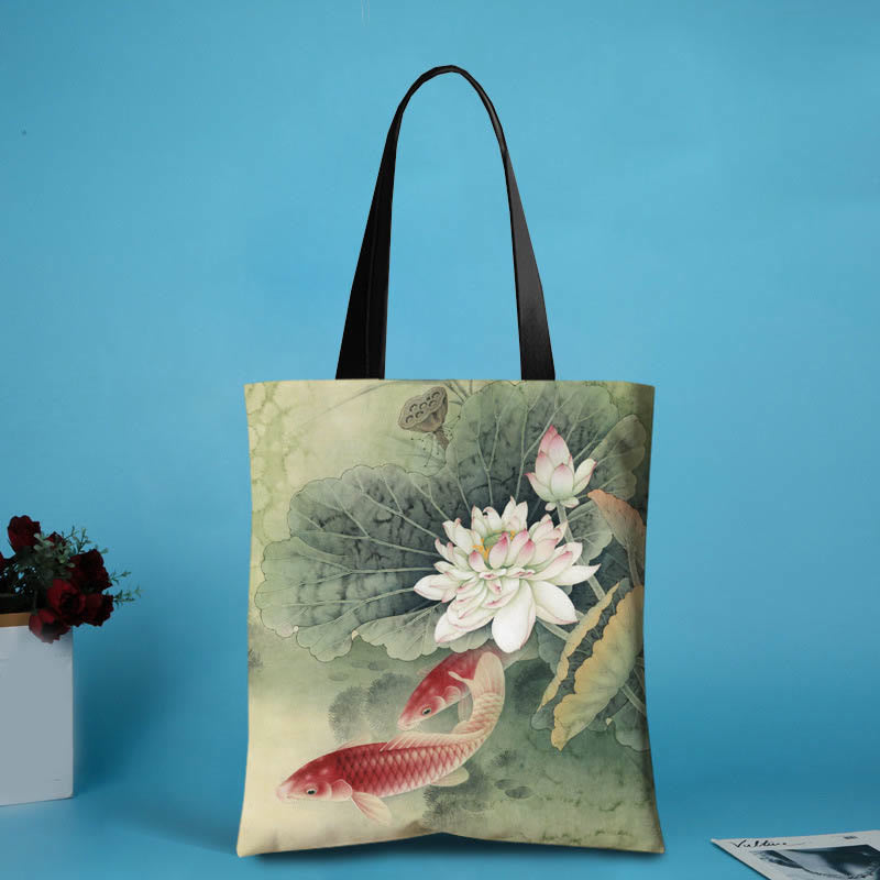 Handmade Canvas Ink Lotus Koi Fish Shoulder Bag Shopping Bag