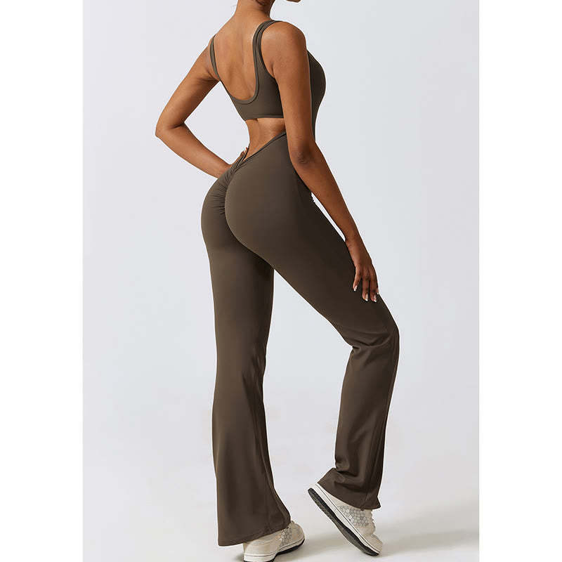 Women Workout Sleeveless Jumpsuit Flare Pants Sports Fitness Yoga Bodysuit