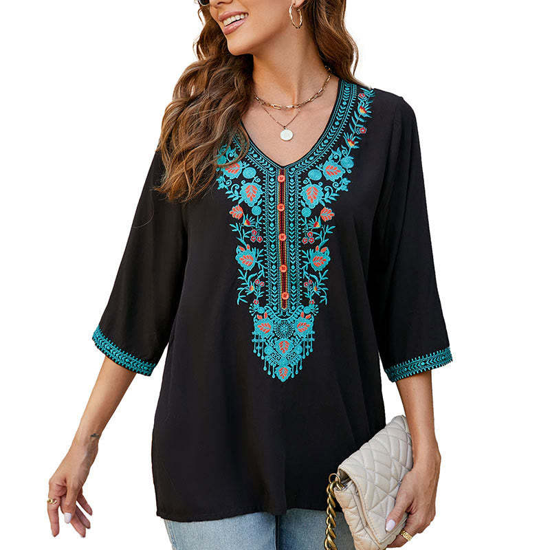 Summer Casual Embroidery Flower Leaf Half Sleeve V-neck Cotton Women's T-Shirt