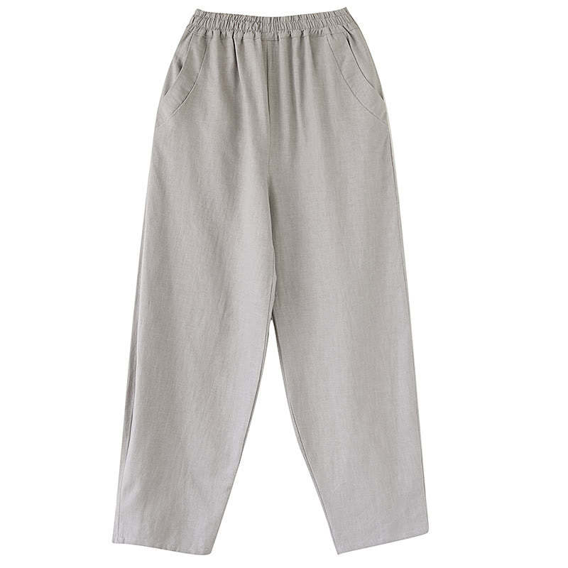 Plain Color Elastic Waist Ramie Linen Men's Pants With Pockets