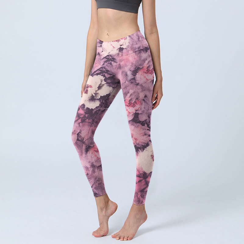 Purple Peony Flowers Print Gym Leggings Women's Yoga Pants