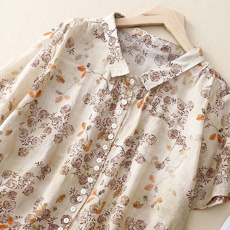 Casual Floral Print Buttons Women's Stand Collar Design Half Sleeve Carbon Fiber Shirt