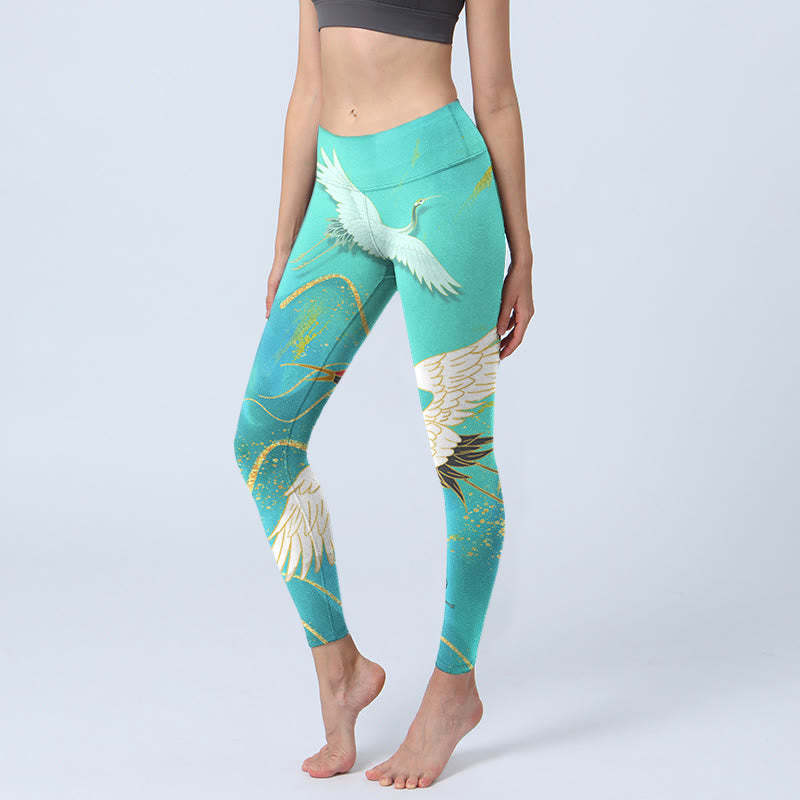 Mint Green Mountain Crane Print Fitness Leggings Women's Yoga Pants