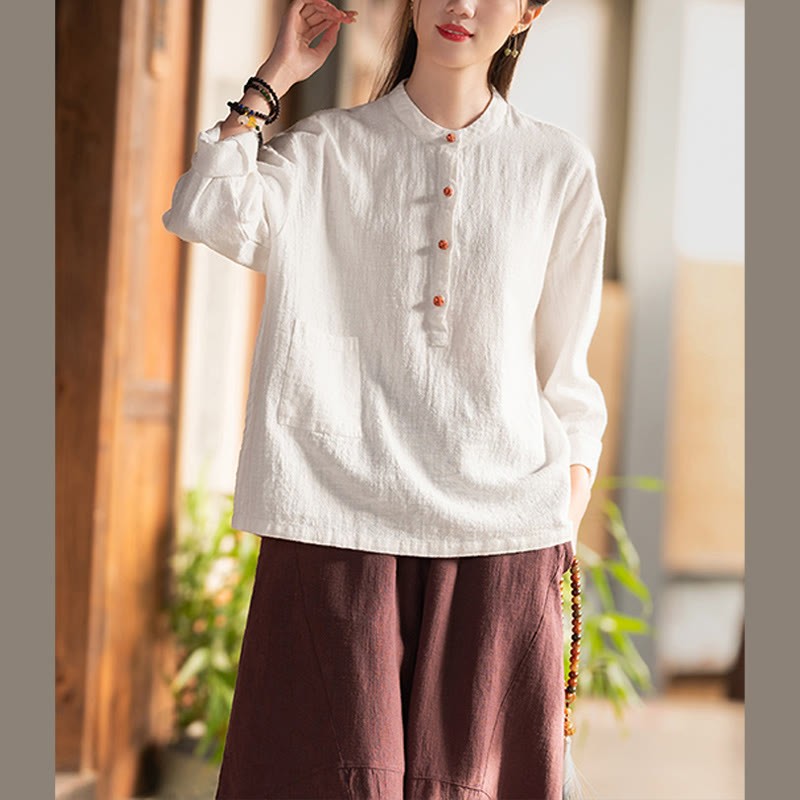 Solid Color Loose Button Blouse Long Sleeve Shirt Top