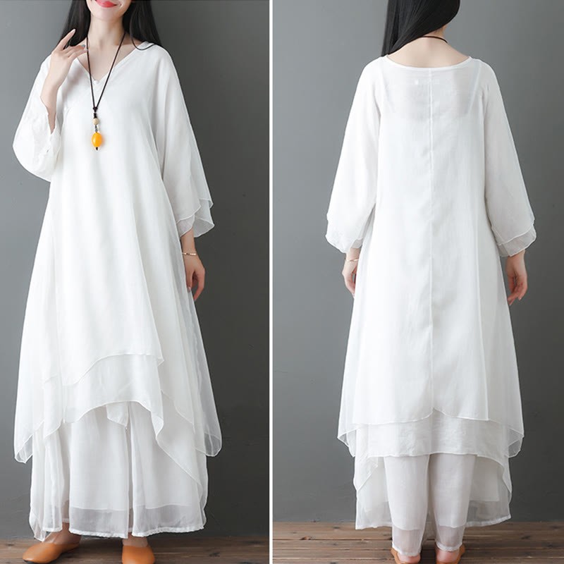 V-Neck Midi Tunic Dress Wide Leg Pants Meditation Zen Practice Dance Clothing