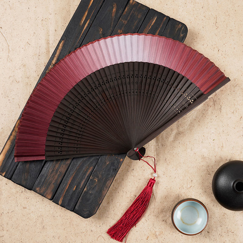 Solid Color Gradient Hollow Engraved Handheld Bamboo Folding Fan