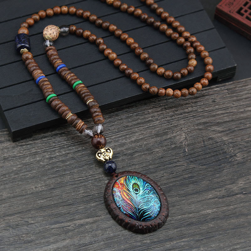 Tibetan Wenge Wood Bodhi Seed Agate Elephant Protection Necklace Pendant