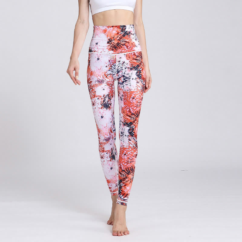 Red Pink Flowers Print Sports Fitness Yoga High Waist Leggings Women's Yoga Pants