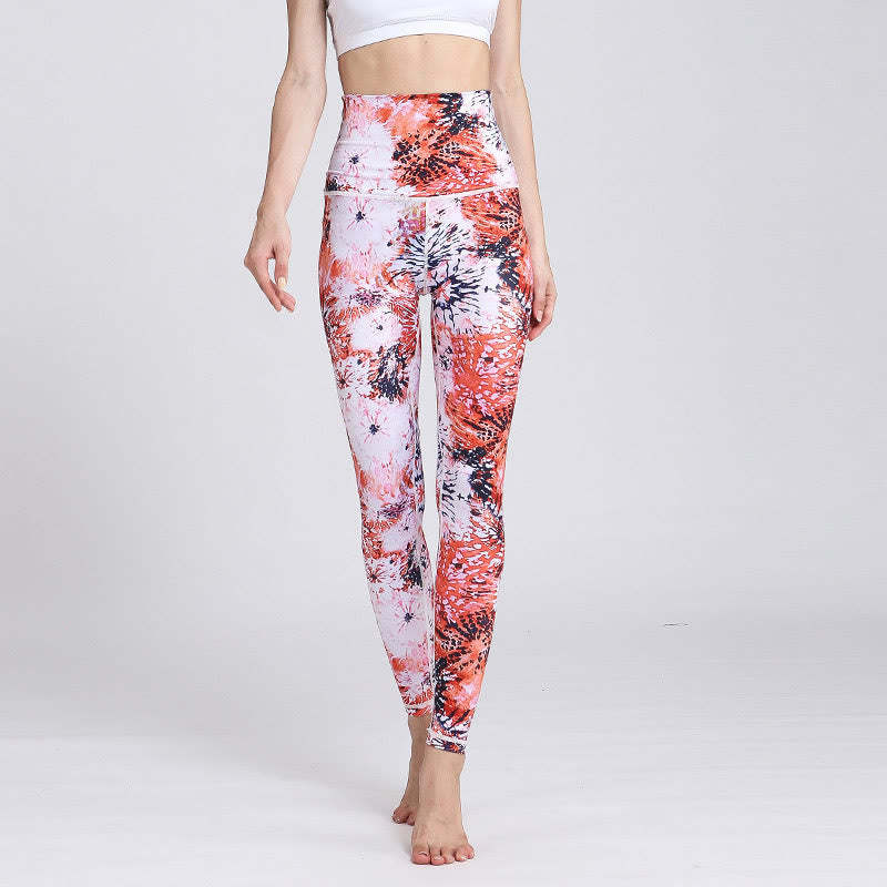 Red Pink Flowers Print Sports Fitness Yoga High Waist Leggings Women's Yoga Pants