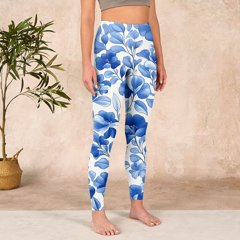 Blue Flowers Print Fitness Leggings Women's Yoga Pants