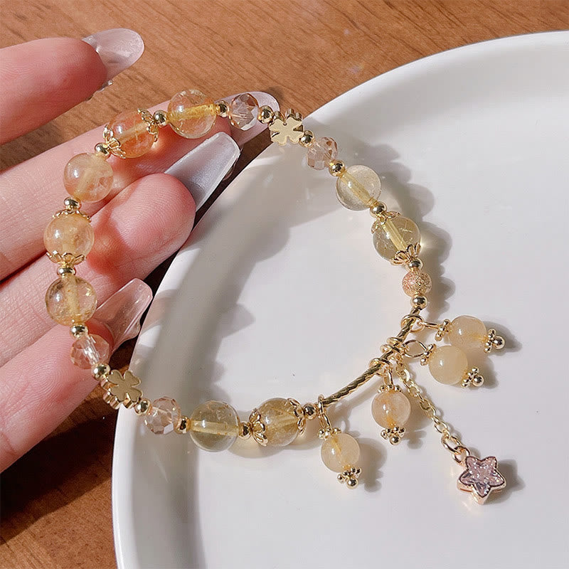 Natural Colored Yellow Rutilated Quartz Four Leaf Clover Star Auspiciousness Bracelet