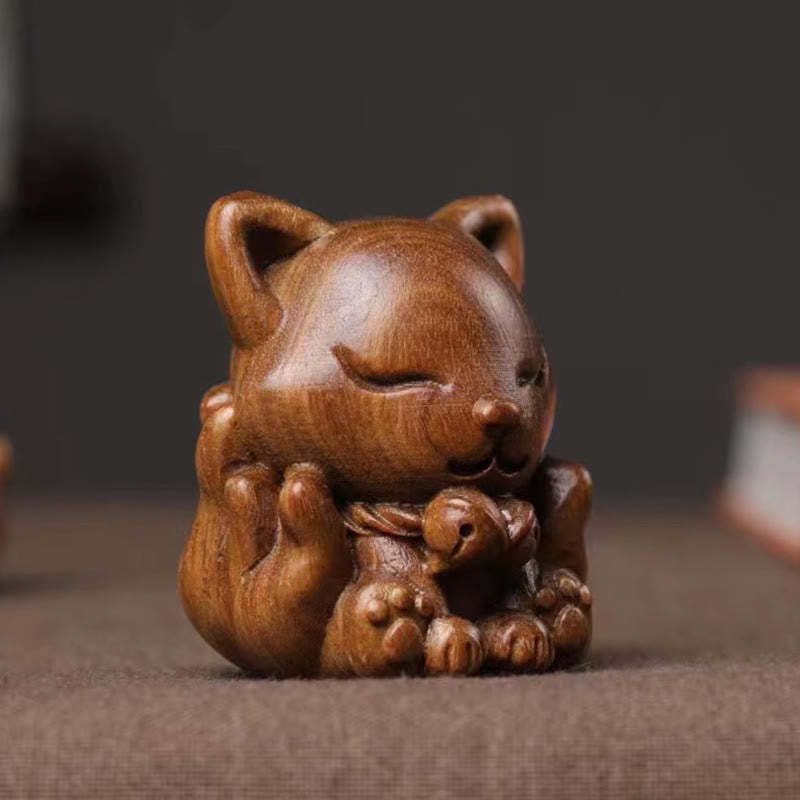 Mini Nine-Tailed Fox Ivory Fruit Sandalwood Green Sandalwood Blessing Decoration