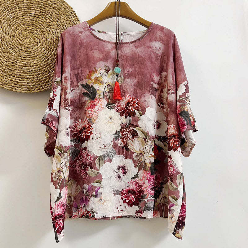 Casual Printed Various Petals Dahlia Peony Women's Crew Neck Design Half Sleeve Polyester T-shirt
