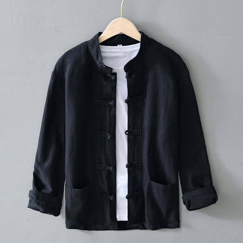 Frog-Button Chinese Tang Suit Ramie Linen Cotton Men Jacket Shirt With Pockets