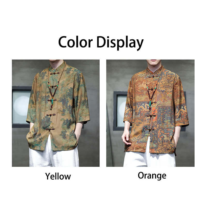 Landscape Chinese Dragon Pattern Chinese Three Quarter Sleeve Shirt Men T-shirt