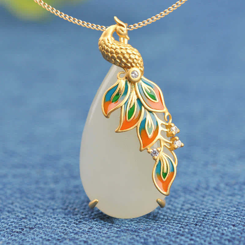 White Jade Peacock Protection Necklace Chain Pendant