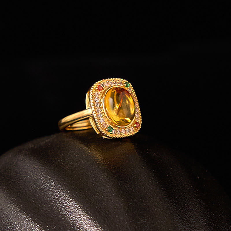 Natural Amber Flower Square Support Full Diamond Confidence Ring