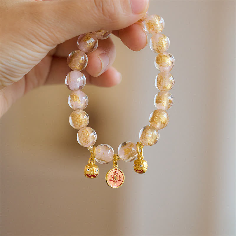 Gold Swallowing Beast Copper Coin Good Luck Charm Liuli Glass Bead Fortune Bracelet