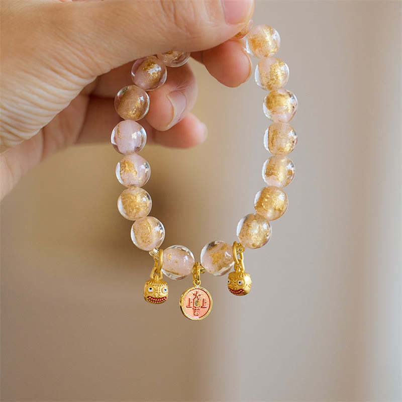Gold Swallowing Beast Copper Coin Good Luck Charm Liuli Glass Bead Fortune Bracelet