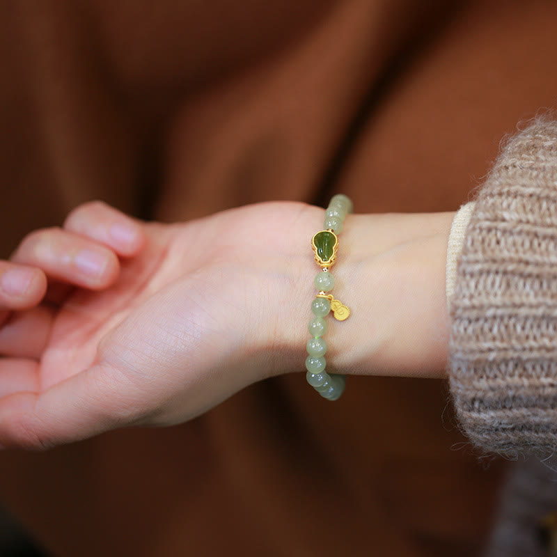 925 Sterling Silver Plated Gold Natural Hetian Jade Bead Gourd Lotus Bamboo Fu Character Luck Bracelet
