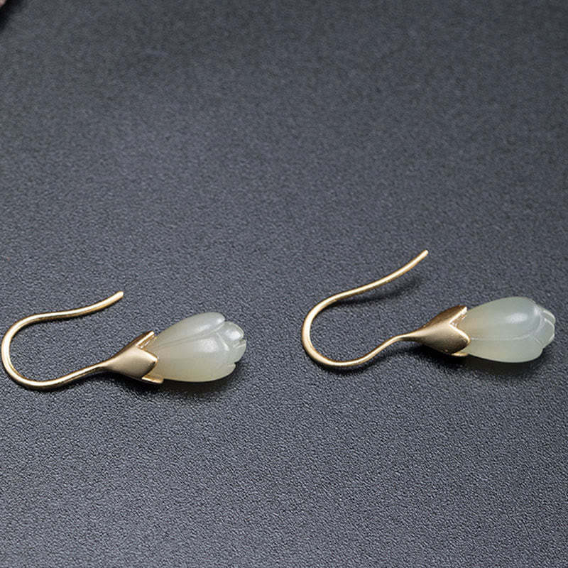 925 Sterling Silver Hetian Jade Magnolia Abundance Drop Earrings