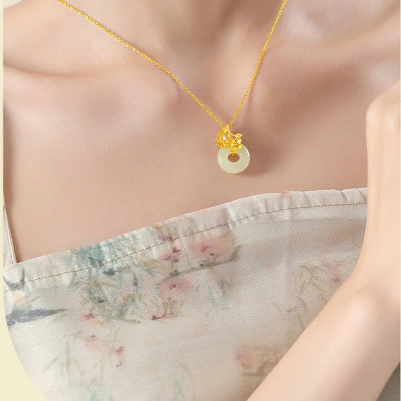 Hetian Jade 999 Sterling Silver Peace Buckle Peach Blossom Necklace Pendant