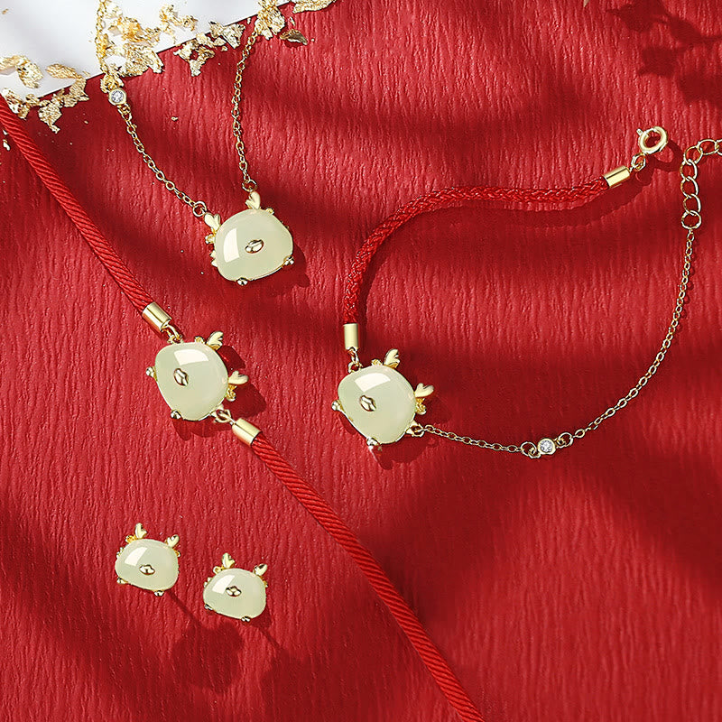 925 Sterling Silver Year of the Dragon Natural Hetian Jade Red Agate Cute Dragon Protection Success Bracelet Necklace Pendant Earrings (Extra 30% Off | USE CODE: FS30)