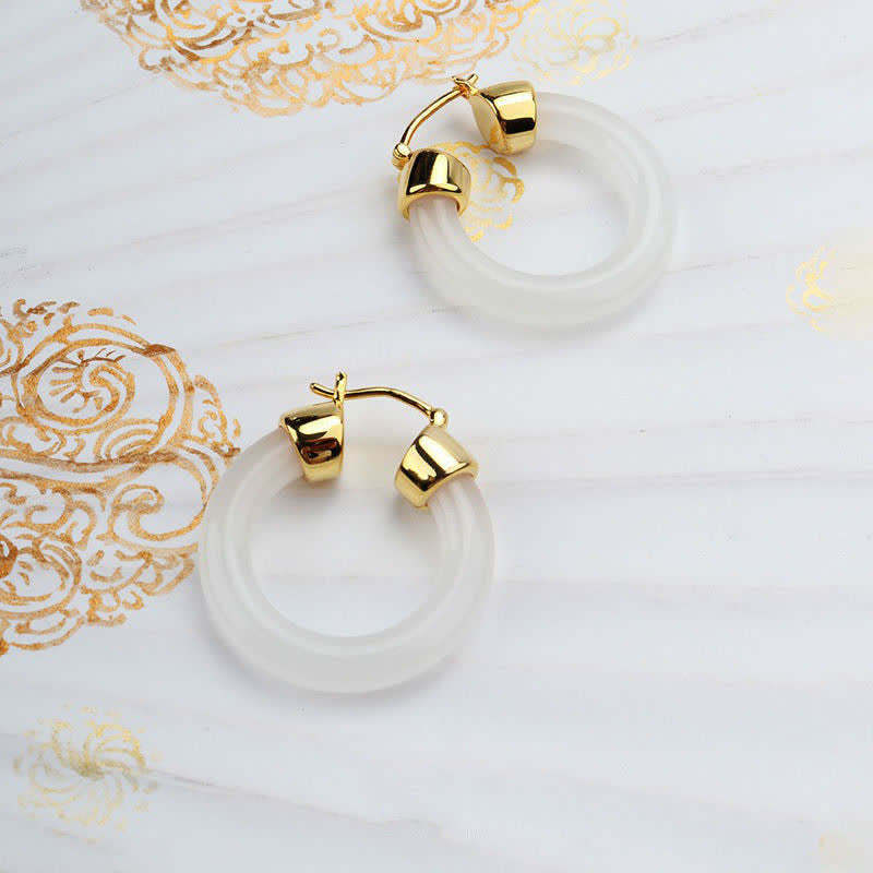 Round Jade White Jade Prosperity Earrings