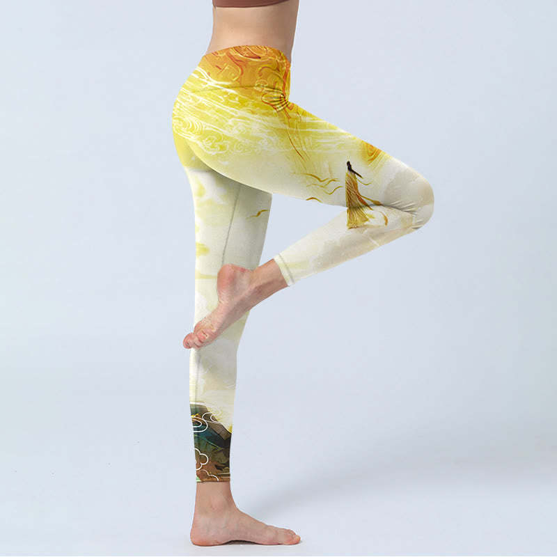 Golden Auspicious Cloud Figure Print Fitness Leggings Women's Yoga Pants