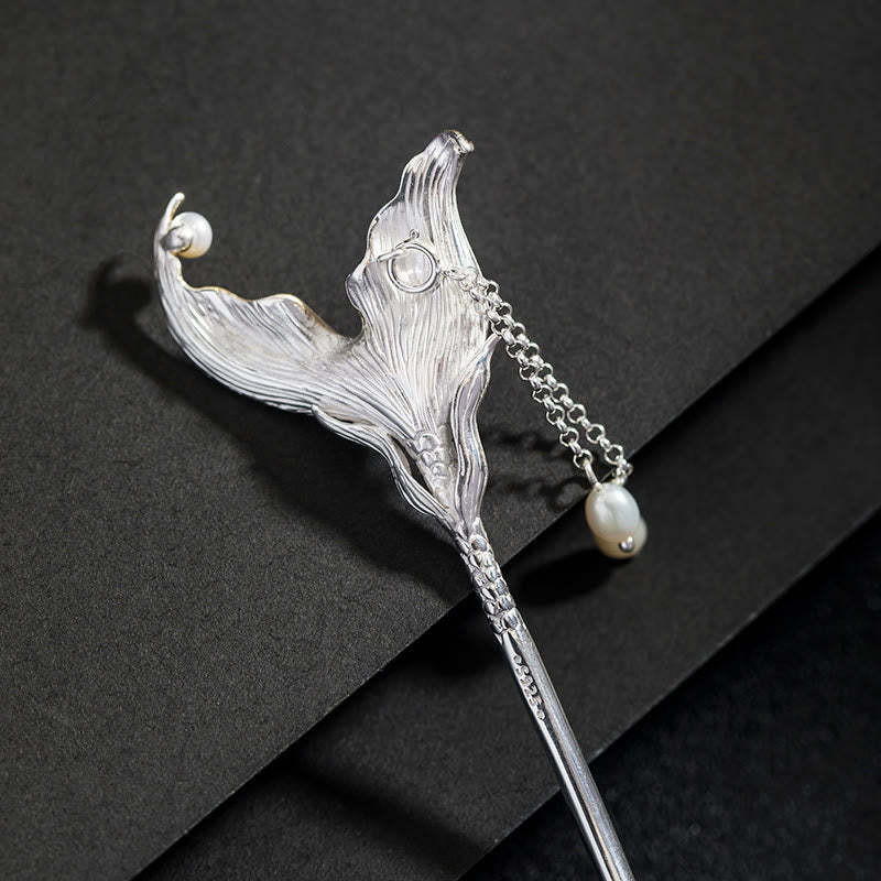 925 Sterling Silver Classical Chinese Style Fish Tail Pearl Tassel Calm Hairpin