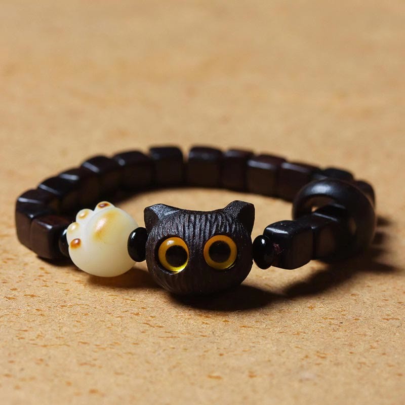 Ebony Wood Cute Cat Bodhi Seed Paw Claw Square Beads Calm Bracelet