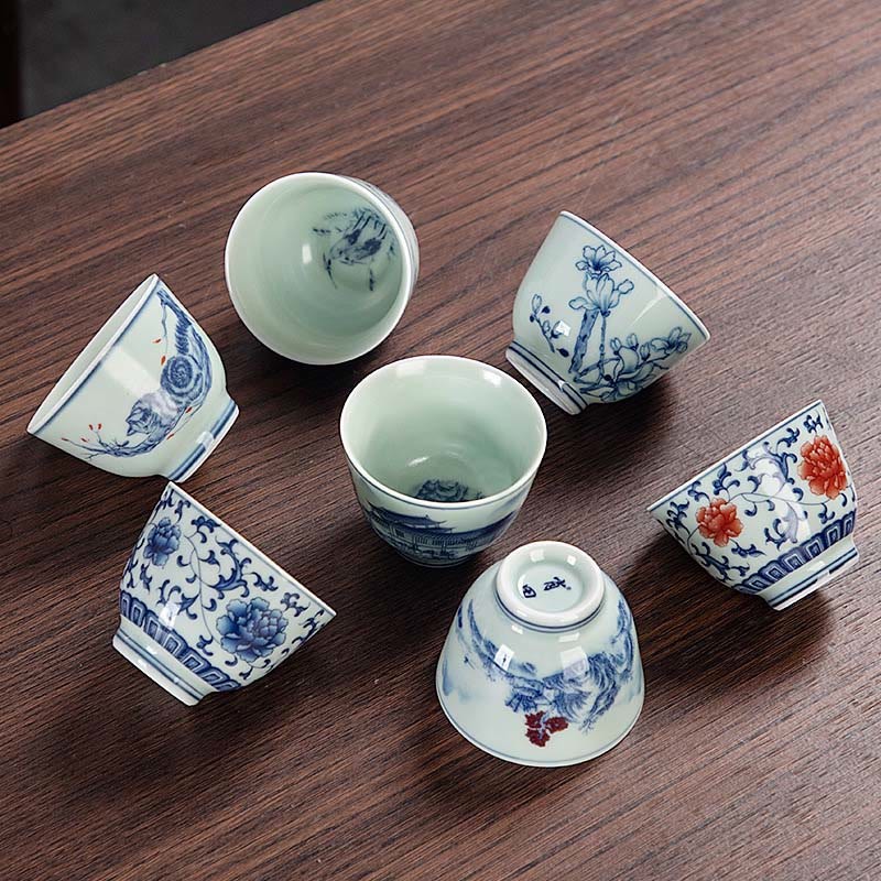 Blue Landscape Mountains Lotus Cute Cat Pavilions Magnolia Reed Egrets Ceramic Teacup Small Kung Fu Tea Cup