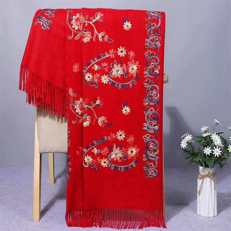 Polyester Shawl Colorful Flower Ethnic Style Embroidery Tassel Winter Cozy Travel Scarf Wrap
