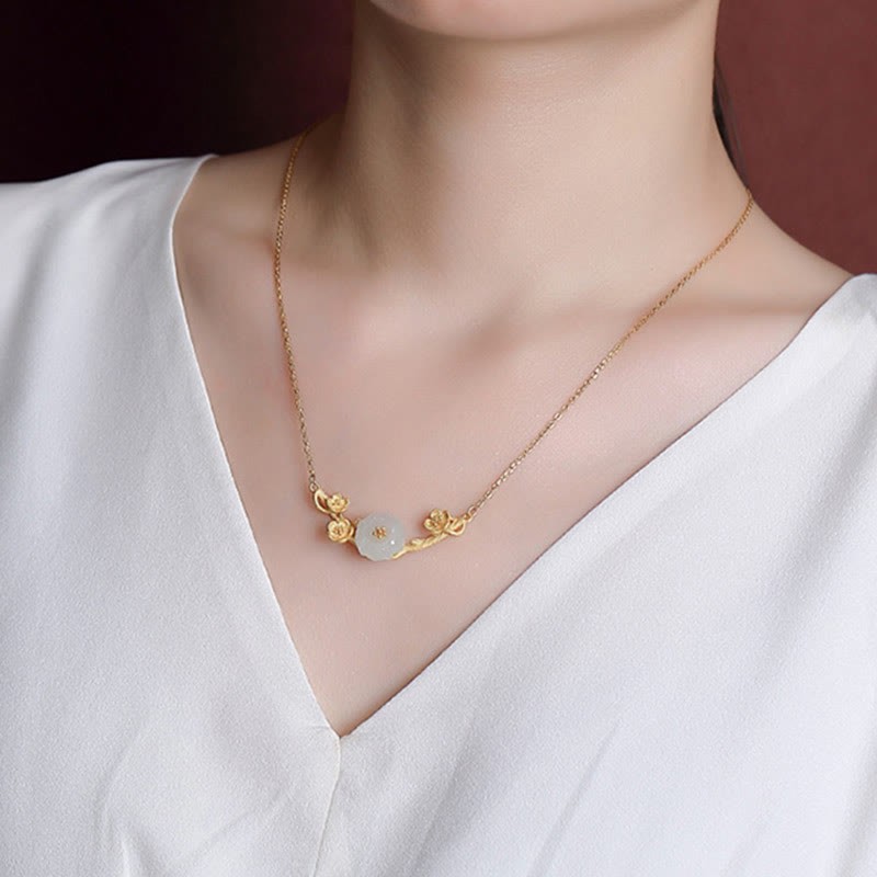 925 Sterling Silver Plated Gold Hetian Jade  Plum Blossom Luck Necklace Pendant Bracelet Bangle Ring