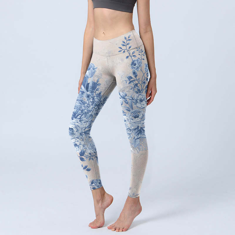 Rose Daisy Print Gym Leggings Women's Yoga Pants