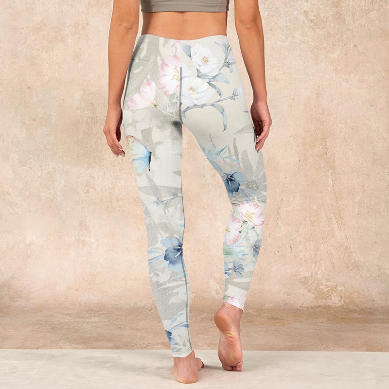 Cherry Blossom Butterflies Print Gym Leggings Women's Yoga Pants
