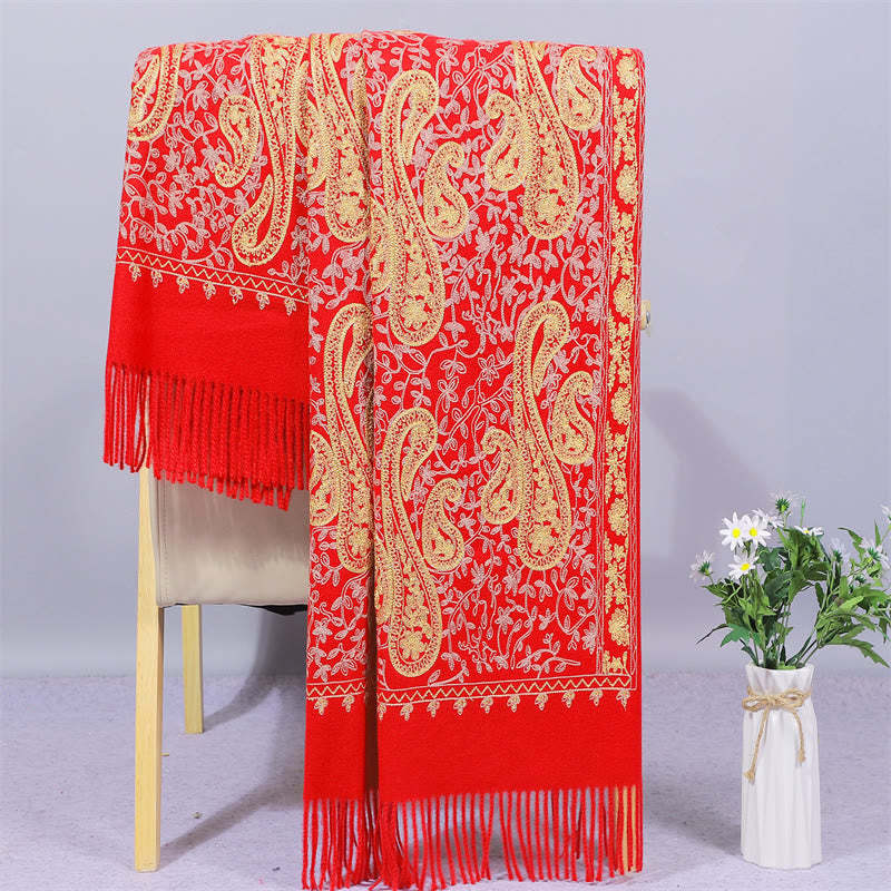 Rayon Fabric Shawl Golden Cashew Flowers Embroidery Tassel Winter Cozy Travel Scarf Wrap
