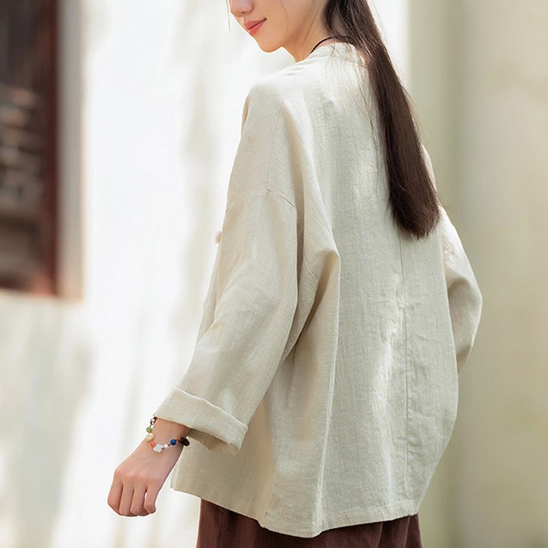 Solid Color Two-color Frog-button Long Sleeve Ramie Linen Women's Shirt