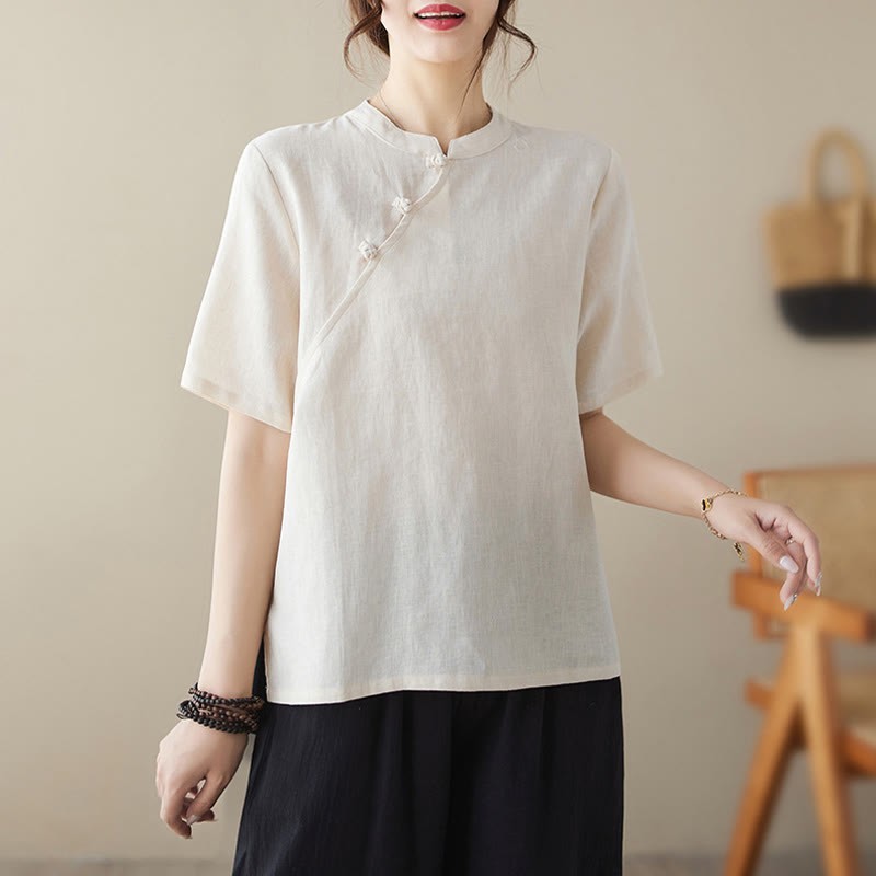 Solid Color Frog-Button Short Sleeve Cotton Linen Shirt