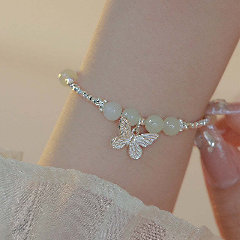 925 Sterling Silver Natural Hetian Jade Luck Butterfly Charm Bracelet