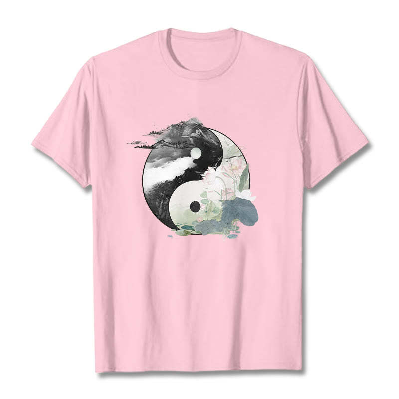 Yin Yang Lotus Leaf Ink Painting Cotton Tee T-shirt