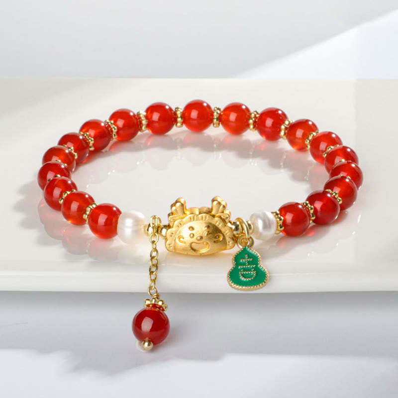 Year Of The Dragon Natural Red Agate Pink Crystal Black Onyx Dumpling Luck Fu Character Bracelet