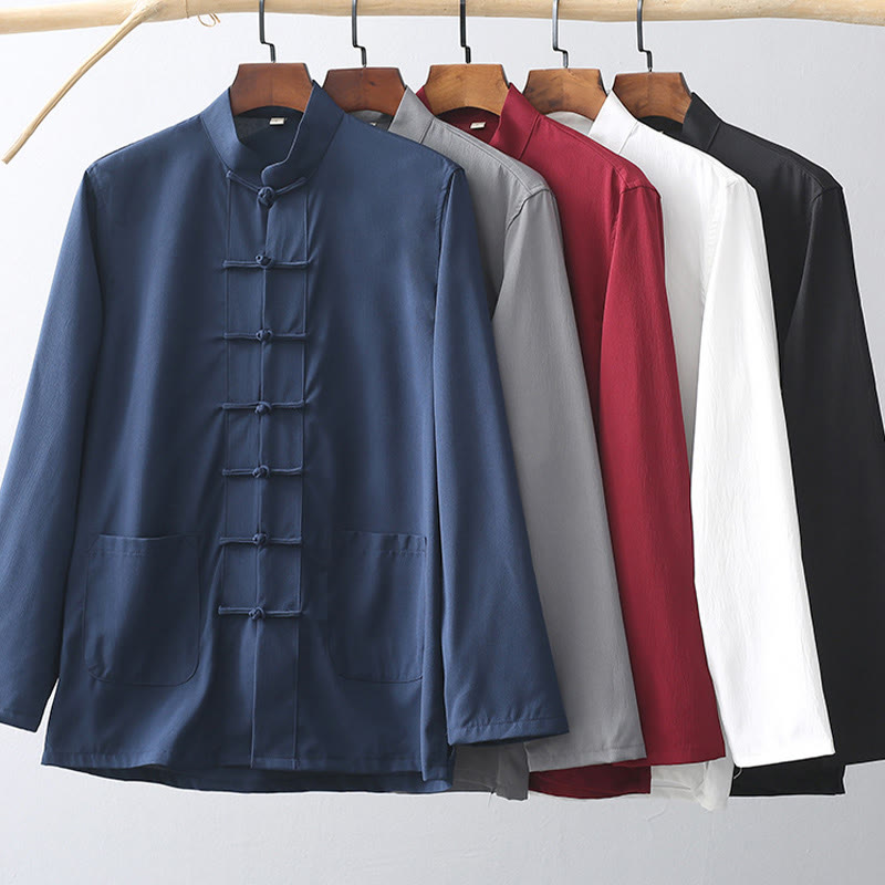 2Pcs Tang Suit Traditional Frog-Button Men's Long Sleeve Shirt Pants Clothing Set