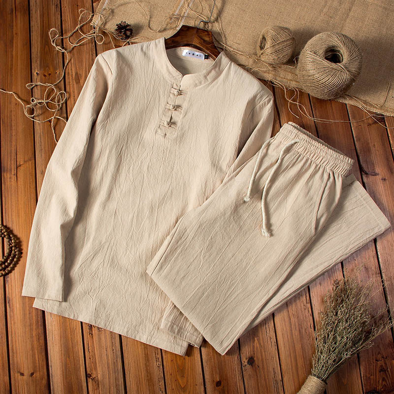 Pure Color Cotton Linen Long Sleeve Top Pants Clothing Men's Set