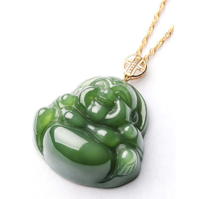925 Sterling Silver Laughing mystic zen Hetian Cyan Jade 18K Gold Success Necklace Chain Pendant