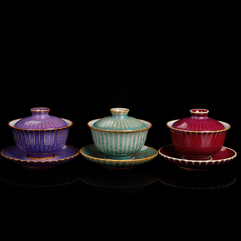 Retro Glaze Kiln Change Ceramic Gaiwan Sancai Teacup Kung Fu Tea Cup And Saucer With Lid