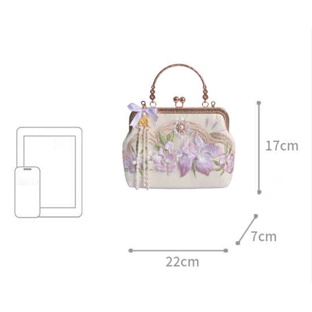 Flowers Embroidered Tassel Pendant Pearl Metal Chain Crossbody Bag Handbags